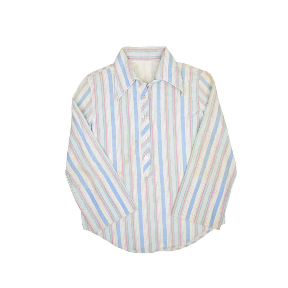 Vintage 60s Blouse Womens S 1/2 Button Pullover Wide Sleeve Shirt Striped